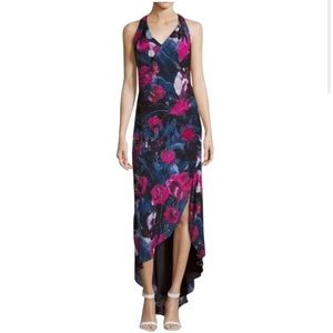 Haute Hippie Floral Print 100% Silk Bias Asymmetric Maxi Dress Blue/Pink Sz 2